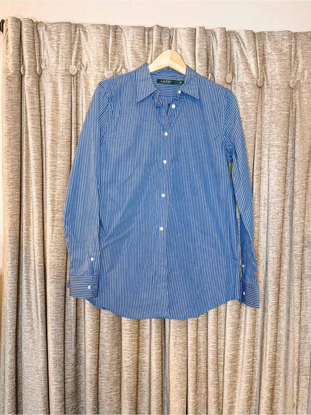 NWT Lauren Ralph Lauren Classic Blue Pinstripe Button Down Dress Shirt Size 8